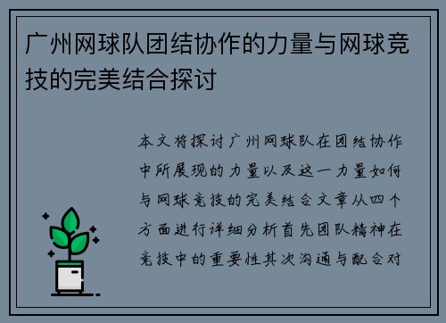 广州网球队团结协作的力量与网球竞技的完美结合探讨